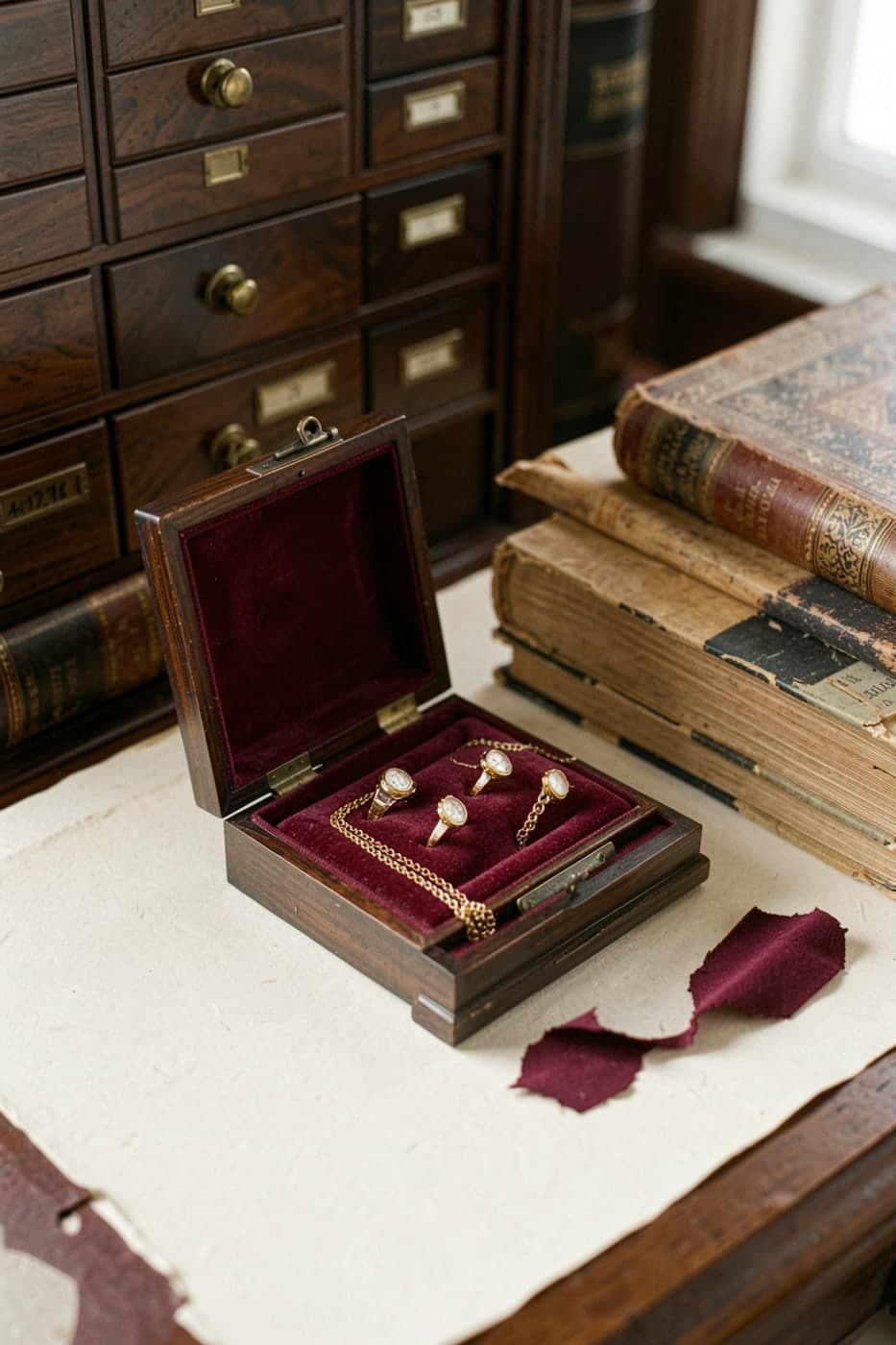 Velvet-lined jewellery box beside old books