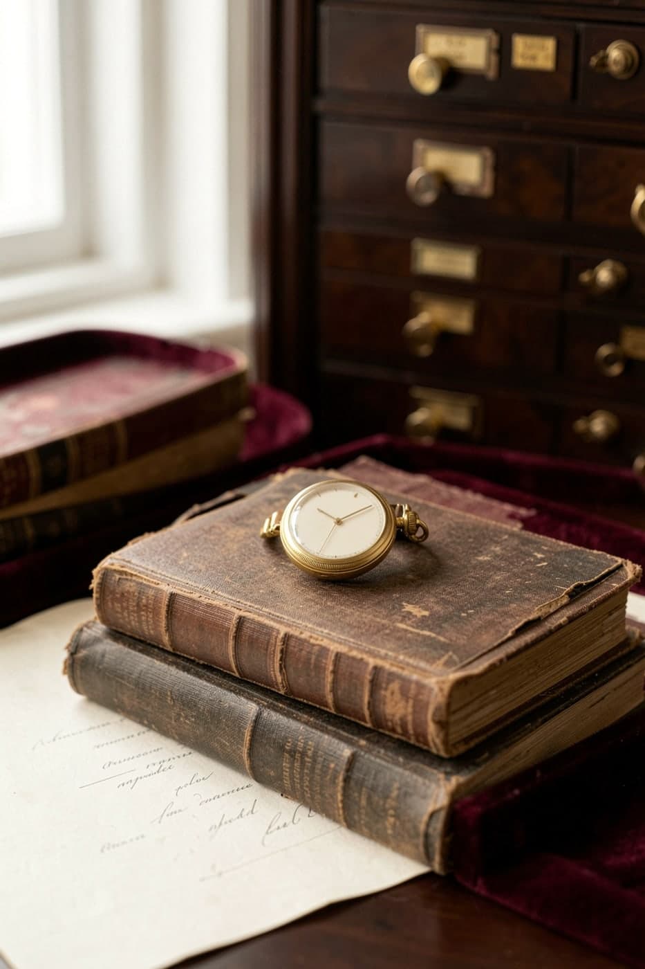 Gold pocket watch on a stack of old books
